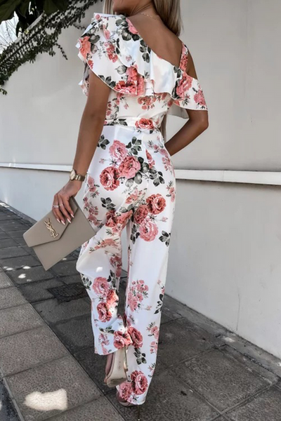 Floral Ruffles One Shoulder Belted Jumpsuits