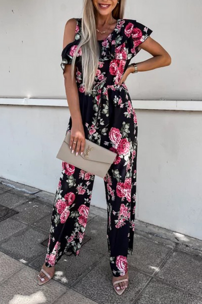 Floral Ruffles One Shoulder Belted Jumpsuits