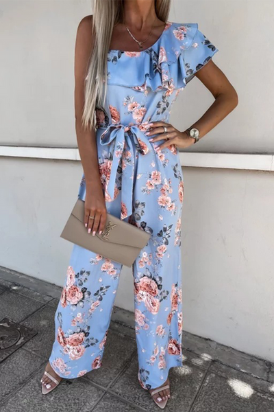 Floral Ruffles One Shoulder Belted Jumpsuits