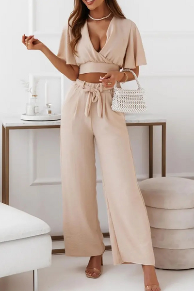 Flares Sleeve V Neck Crop Wide Leg Pants Set