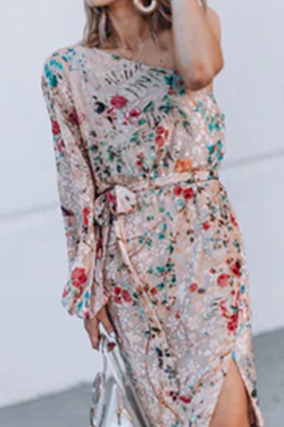 Casual Print Patchwork One Shoulder Irregular Dress Dresses