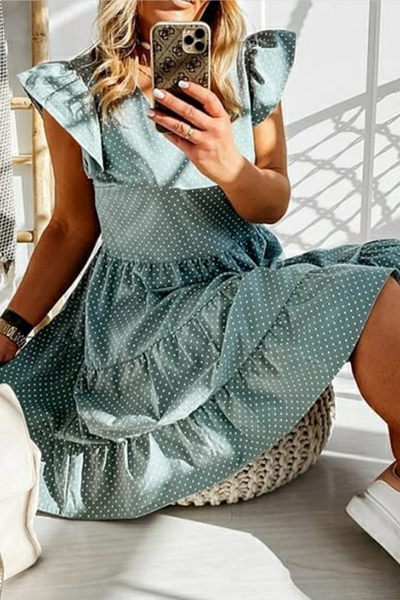 Casual Dot Flounce V Neck Cake Skirt Dresses