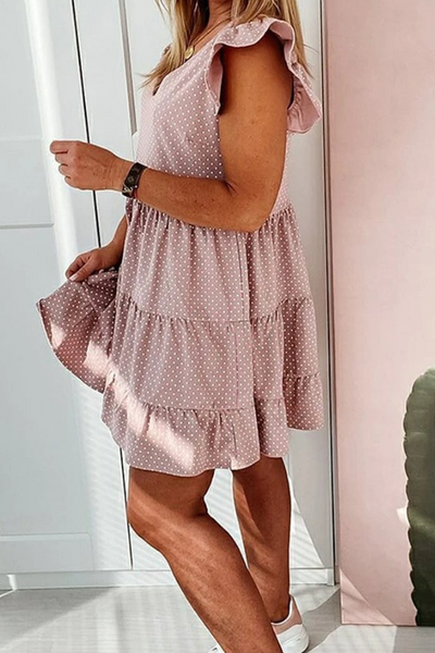 Casual Dot Flounce V Neck Cake Skirt Dresses