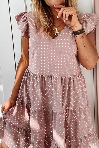 Casual Dot Flounce V Neck Cake Skirt Dresses