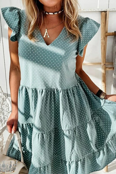 Casual Dot Flounce V Neck Cake Skirt Dresses