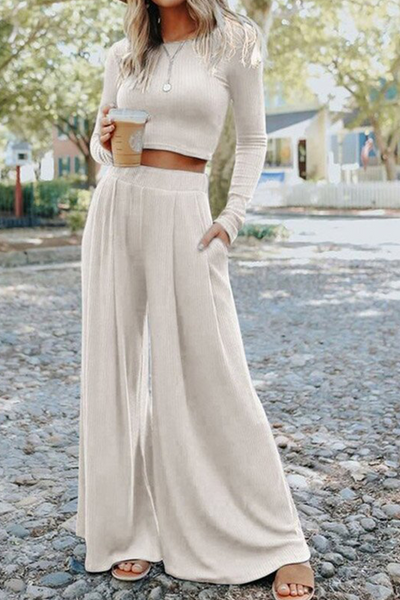 Fashion Solid Patchwork O Neck Long Sleeve Two Pieces