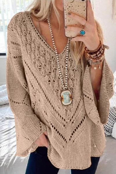 Hollow V Neck Flares Sleeve Sweater