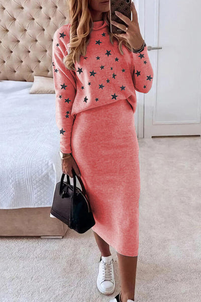 Casual The stars Patchwork O Neck Long Sleeve Two Pieces(7 Colors)