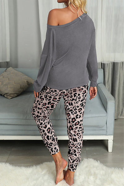 Street Leopard Patchwork Printing Asymmetrical Collar Long Sleeve Two Pieces