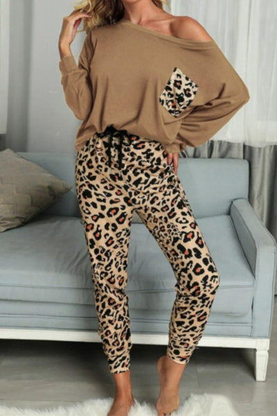 Street Leopard Patchwork Printing Asymmetrical Collar Long Sleeve Two Pieces