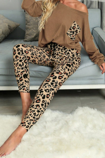 Street Leopard Patchwork Printing Asymmetrical Collar Long Sleeve Two Pieces