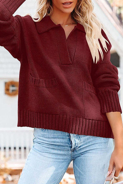 Casual Solid Pocket V Neck Sweaters(6 Colors)