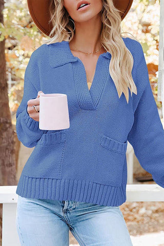 Casual Solid Pocket V Neck Sweaters(6 Colors)