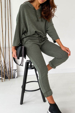 Casual Solid Frenulum Solid Color Hooded Collar Long Sleeve Two Pieces
