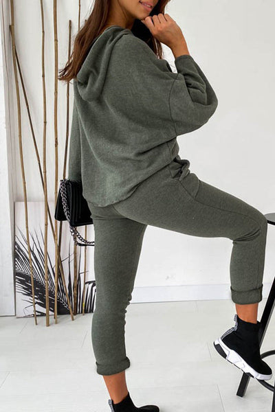 Casual Solid Frenulum Solid Color Hooded Collar Long Sleeve Two Pieces