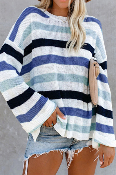 Casual Striped Patchwork Contrast O Neck Tops