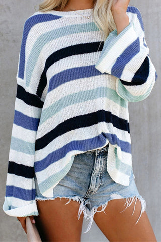 Casual Striped Patchwork Contrast O Neck Tops