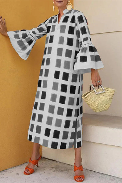 Casual Print Patchwork Slit V Neck Long Sleeve Dresses