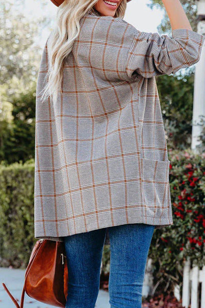 Casual Plaid Patchwork Pocket V Neck Outerwear(4 Colors)