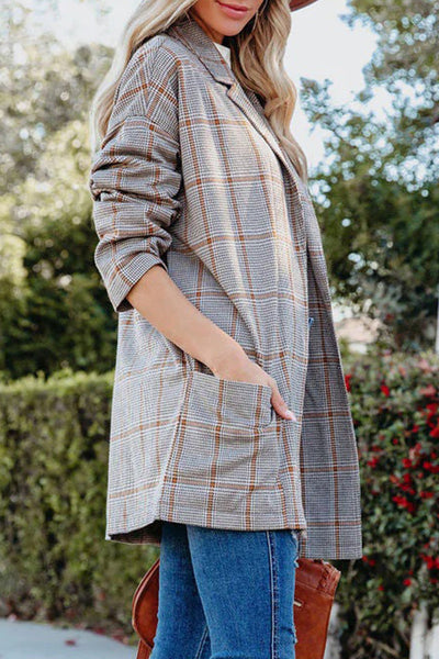 Casual Plaid Patchwork Pocket V Neck Outerwear(4 Colors)