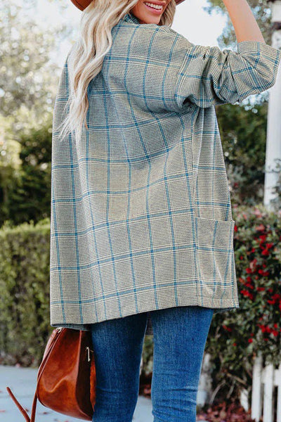 Casual Plaid Patchwork Pocket V Neck Outerwear(4 Colors)