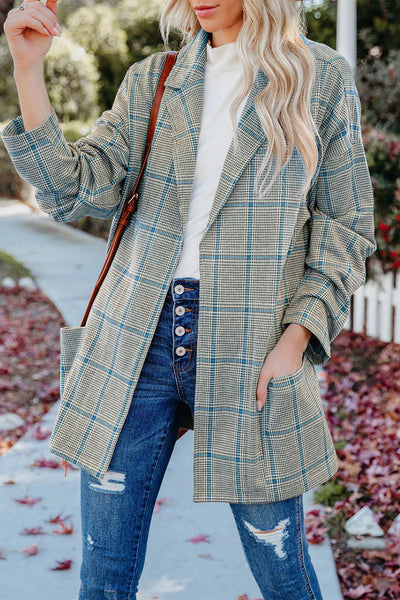 Casual Plaid Patchwork Pocket V Neck Outerwear(4 Colors)