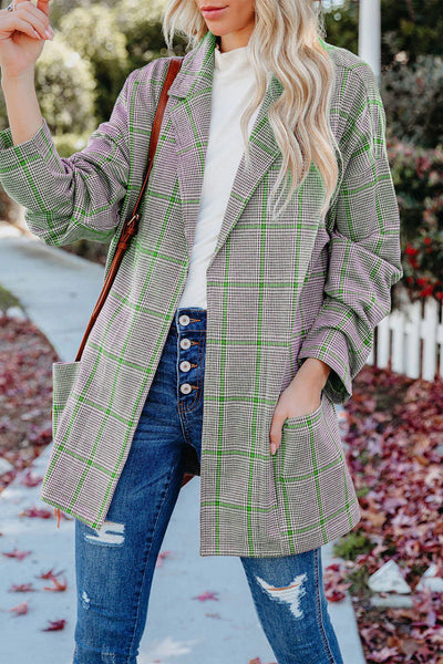 Casual Plaid Patchwork Pocket V Neck Outerwear(4 Colors)