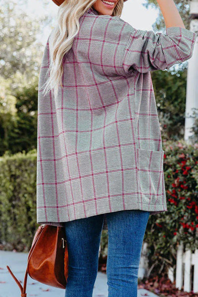 Casual Plaid Patchwork Pocket V Neck Outerwear(4 Colors)