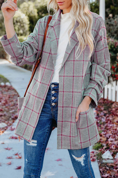 Casual Plaid Patchwork Pocket V Neck Outerwear(4 Colors)