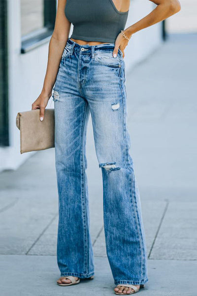 Casual Solid Ripped Boot Cut Denim Jeans