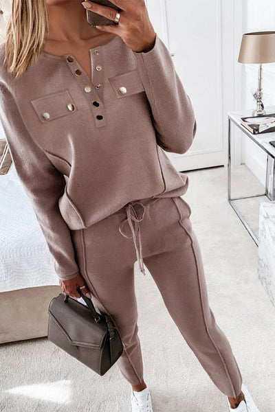 Casual Buckle Solid Color V Neck Long Sleeve Two Pieces(3 Colors)