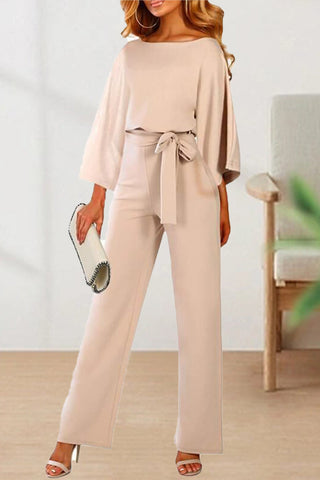 Casual With Belt Solid Color O Neck Straight Jumpsuits(3 Colors)