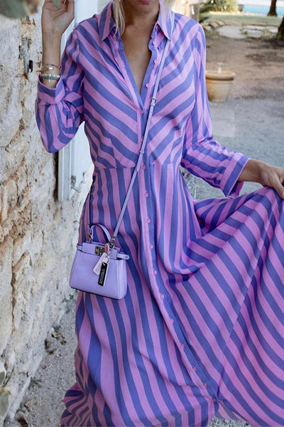 Sweet Elegant Striped Patchwork Turndown Collar A Line Dresses(3 Colors)