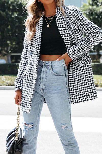 Elegant Plaid Pocket Turn-back Collar Outerwear