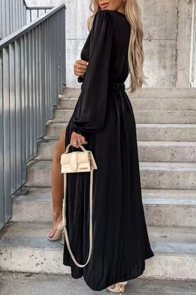Elegant Frenulum With Belt Solid Color V Neck Long Sleeve Dresses(3 Colors)