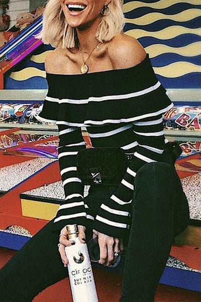 Street Daily Striped Flounce Off the Shoulder Tops