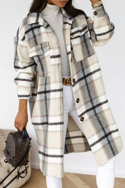 Vintage Elegant Plaid Buckle Turndown Collar Outerwear