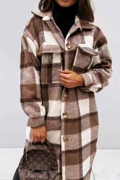 Vintage Elegant Plaid Buckle Turndown Collar Outerwear