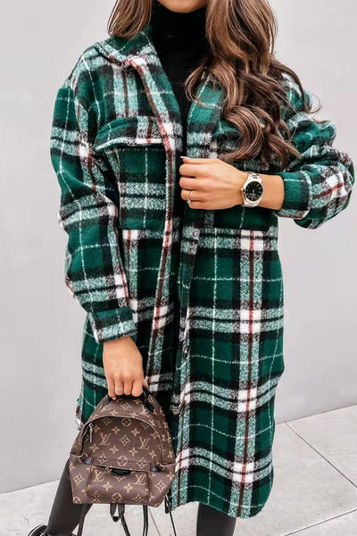 Vintage Elegant Plaid Buckle Turndown Collar Outerwear