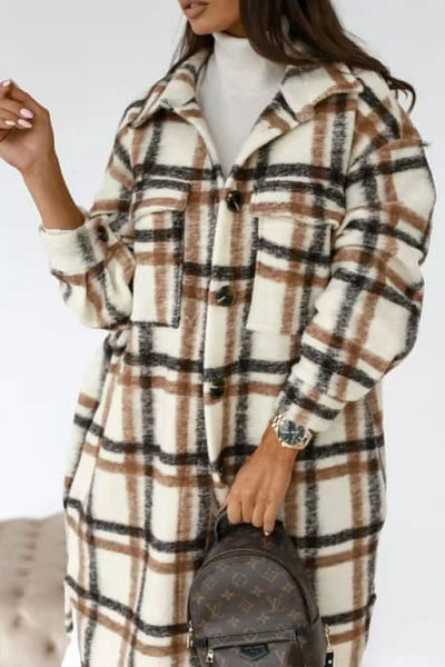 Vintage Elegant Plaid Buckle Turndown Collar Outerwear