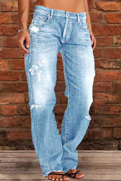 Casual Street Patchwork Ripped Straight Denim Jeans