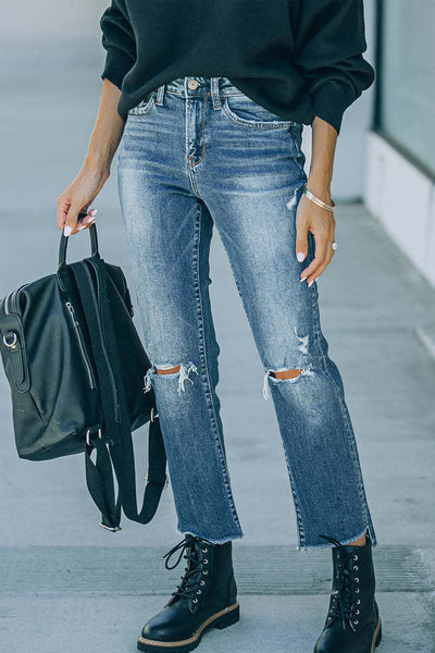 Street Solid Ripped Straight Denim Jeans