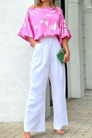 Elegant Color Lump Printing Off the Shoulder Three Quarter Two Pieces