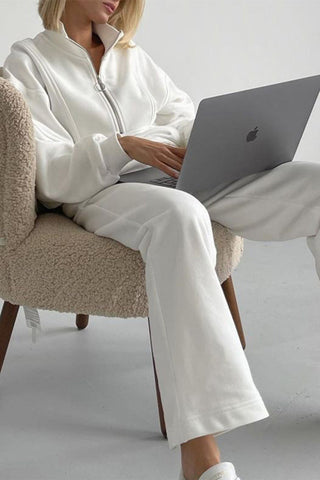 Casual Solid Zipper Turndown Collar Long Sleeve Two Pieces