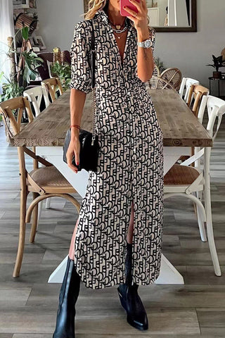 Street Print Buckle Printing Turndown Collar Printed Dress Dresses