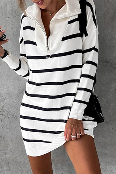 Casual Striped Patchwork Zipper Collar Long Sleeve Dresses