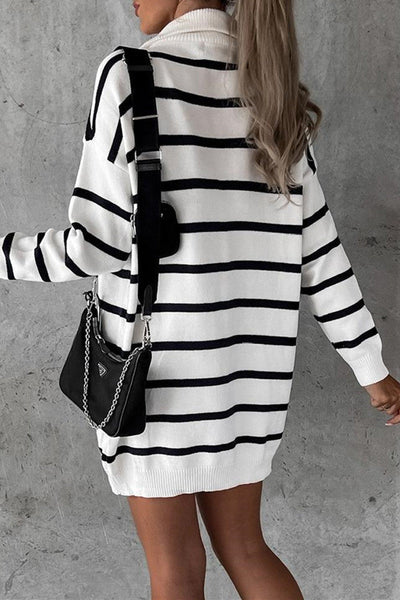 Casual Striped Patchwork Zipper Collar Long Sleeve Dresses