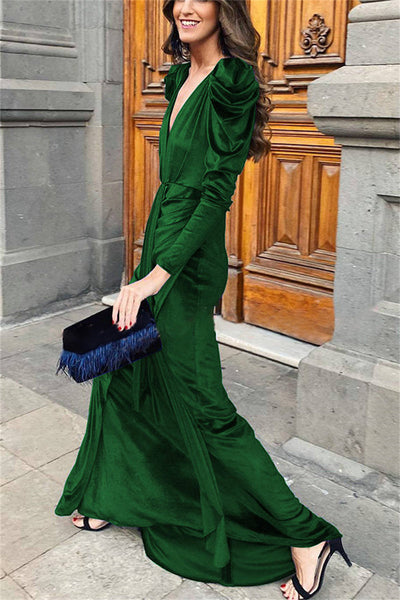 Sexy Casual Solid Fold V Neck Long Dress Dresses
