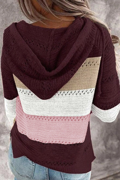 Wisherryy Fashion Hooded Leopard Stitched Knit Sweater