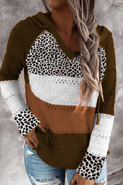 Wisherryy Fashion Hooded Leopard Stitched Knit Sweater
